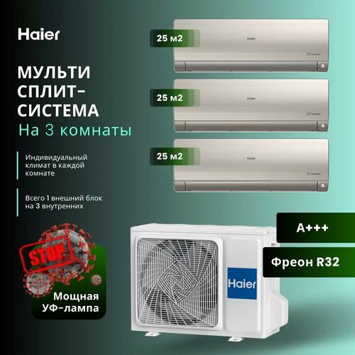 Мультисплит-система Haier 3 Х AS25S2SF2FA-G / 3U70S2SR5FA на 3 комнаты 25+25+25 м2 (Золото)