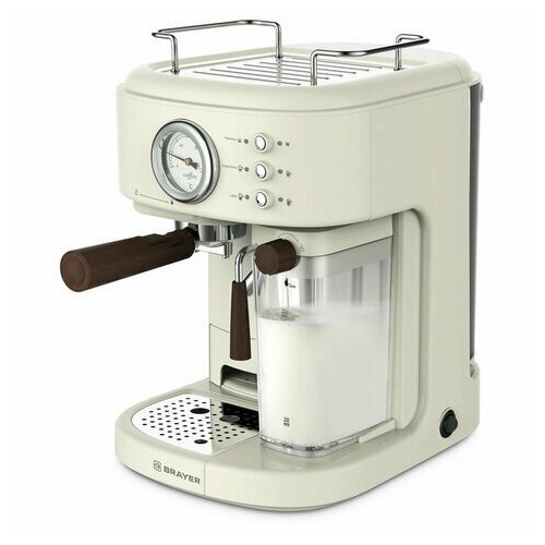 Кофеварка рожковая BRAYER BR1108, 1300 Вт, объем 1,5л, 15 бар, автоматический капучинатор, бежевая